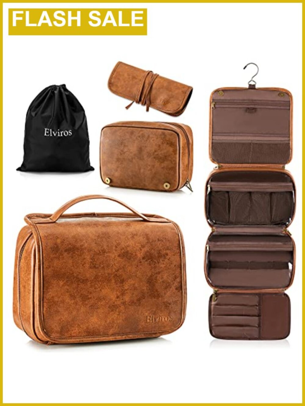 Hanging Toiletry Bag for Men PU Leather Shaving Dopp Kit Travel Organizer